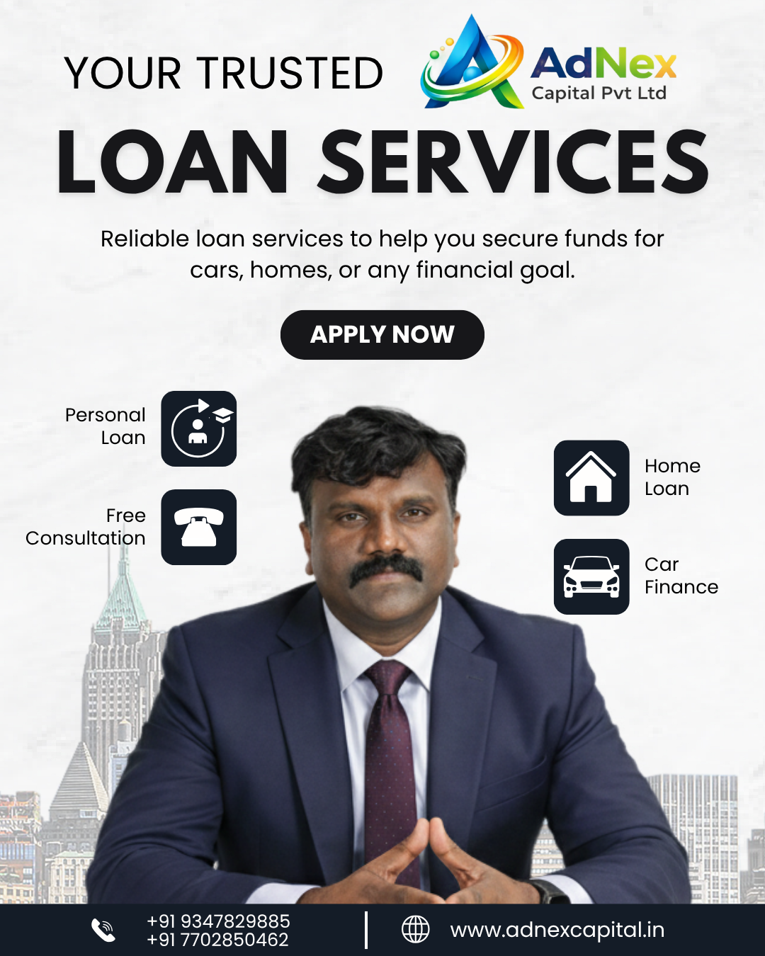 Professional loan services advertisement by AdNex Capital Pvt Ltd featuring a businessman with offerings like personal loans, home loans, car finance, and free consultation, along with contact details and website.